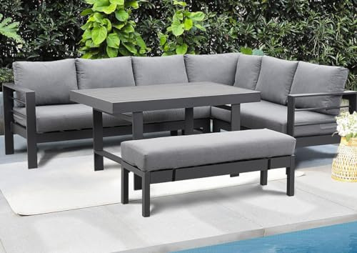 GLP Gartenlounge-Set Ecklounge Gartenmöbel 6-8 Personen, Outdoor-Aluminium-Eckgarnitur, 5-TLG., 3 Ecksofas, 1 Gartenbank, 1 Esstisch, 951908