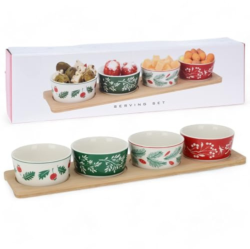 MIJOMA Set da 5 pezzi natalizio per servire – Tagliere in legno con 4 ciotole in porcellana – Perfetto per tapas, olive, cubetti di formaggio, salse e condimenti – Design festivi per la tavola di