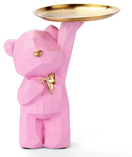 GUICHENO Figura decorativa de oso con bandeja, figuras de oso, esculturas con bandeja decorativa, bandeja decorativa, escultura de resina de animales, decoración para pasillo, salón, oficina (rosa)