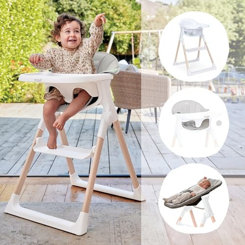 Mash High Chair Bundle by Baby Elegance | Includes Newborn Seat (0-6 Months), Toddler Seat (6+ Months) & Toast Cushion | Adjustable White High Chair for Babies & Toddlers