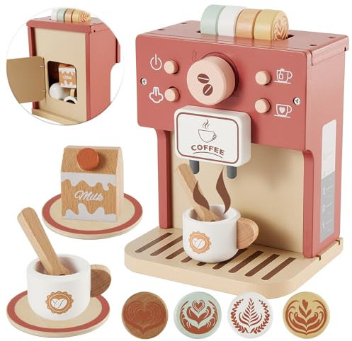 Buyger Utensilios de Cocina de Madera para Niños, Cafetera Juguetes de Madera Infantil, Juego de rol Comida Juguete, Regalos Educativos para Niños Niñas 3 4 5 Años