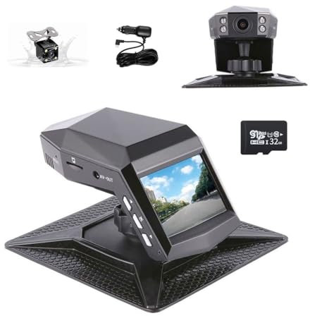 XYBkey - Telecamera da cruscotto per auto con doppia registrazione anteriore e posteriore, schermo HD da 2 pollici, grandangolare da 170 gradi, WDR, visione notturna e scheda da 32 GB.