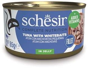 Schesir Atún con Anchovetas en Gelatina, Comida Húmeda para Gatos, en Latas, 100% Natural, con Vitaminas Añadidas, 12 x 85g