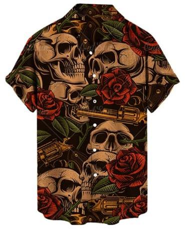 Caxndycing Men's Summer Shirt Retro Rose Flower Skull Printed Blouse Lapel Button Down Short Sleeve T-Shirts Gothic Skeleton Shirt Holiday Party Beach Shirts Vintage Hawaiian Shirt Funny Party Outfit