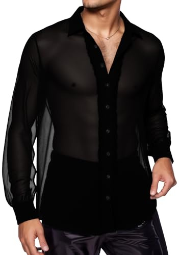 AIEOE Herr genomskinlig chiffongskjorta långärmad transparent skjorta sexig klubbkläder party outfit nätskjorta sommar topp