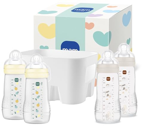 MAM Easy Active Baby Bottle-Set | 0+ Mon | Babyflaschen-Set für Neugeborene | 94% Akzeptanz | stillfreundlich | 2 Trinkflaschen & 1 Flaschenkorb | gelb/beige