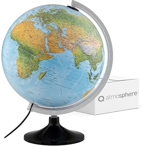 Q atmosphere Solid Twin 30 – Globe terrestre lumineux – Globe terrestre lumineux de 30 cm avec support stable, cartographie physique/politique double image en langue allemande