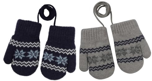 2 Pairs Baby Boys Girls Winter Warm Knit Gloves Thick Fleece Lined Mittens with Anti-lost String Thermal Ski Gloves Cold Weather Outdoor Hand Warmer Chritmas Gift for Kids (Style 3: Navy Blue + Grey)