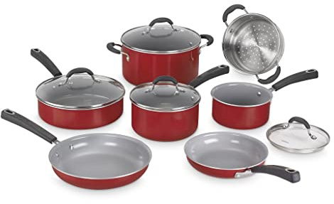 Cuisinart 54C-11R Ceramica XT - Set di pentole antiaderenti, 11 pezzi, rosso/acciaio inossidabile