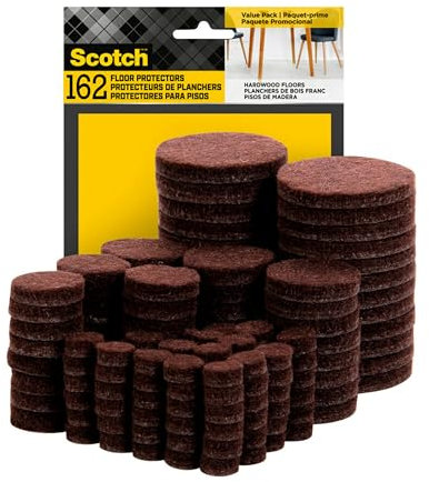 Scotch Felt Pads 162 PCS Brown, Felt Furniture Pads for Protecting Hardwood Floors, Round, Assorted Sizes Value Pack, Self-Stick design, Protecting from nicks, dents and scratches (SP847-NA)