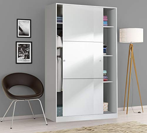 Dmora - Guardaroba 2 ante Waterbury, Armadio per camera da letto, Mobile con 4 ripiani e barra appendiabiti, 120x50h200 cm, Bianco