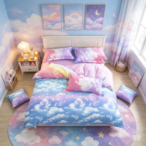 Påslakanset för barn och tonåringar, motiv med himmel, moln och regnbåge, gulligt bäddset för flickor, set med lätta sängkläder med dragkedja, mjukt bäddset i rosa och himmelsblå färg, sovrumsdekor,