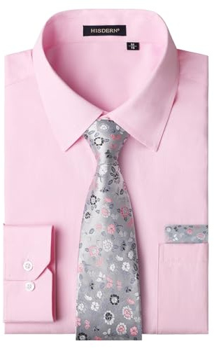 HISDERN Men's Dress Shirts Long Sleeve Formal Plain Shirt and Tie Set Button Down Business Wedding Shirts with Pocket Regular Fit S-XXL