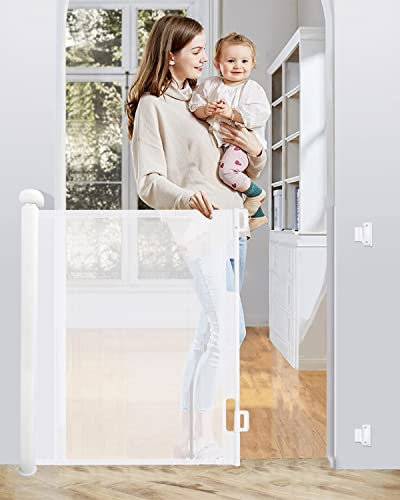 Trongle 55” 0-140 CM Retractable Stair Gate for Babies and Pets, 85 CM Tall Stair Gates for Dogs, Silent One-handed Operation, Retractable Baby Gate for Hallways, Stairs, Indoor and Outdoor, White