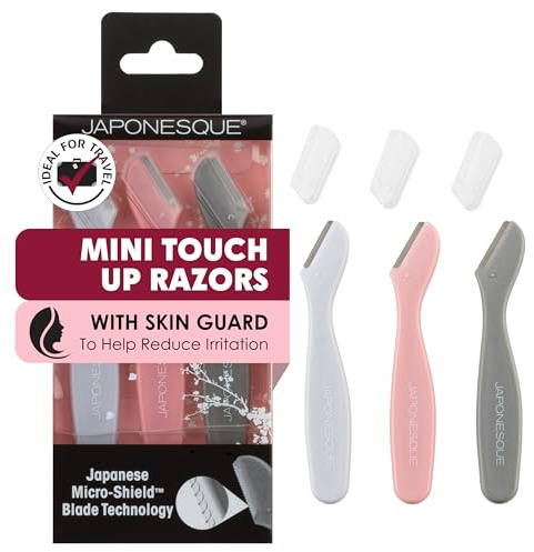 JAPONESQUE Mini Touch Up Razors - Travel Size Dermaplaning Tool Set - 3 Piece Mini Travel Razor Kit, One Blade Fixed Dermaplane Razor For Women