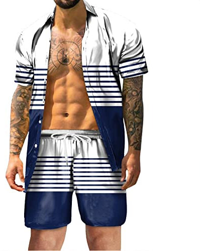 Herren Sommer Blumenhemd Hawaiihemd Strandshorts Floral Kurzarm T-Shirts + Kurze Hose Set Beach Freizeithemden Strand Surf Shorts für den Urlaub 2 Teiliges(Blue,XXL)