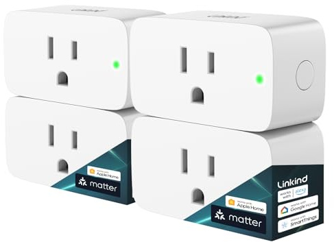 Linkind Matter Smart Plug, Work with Apple Home, Siri, Alexa, Google, SmartThings, Smart Home Smart Outlet Timer 15A/1800W, APP Remote Control & Schedule, 2.4G Wi-Fi Only, 4 Pack