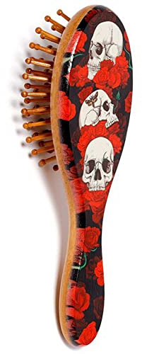 Spazzola per capelli in legno Head of Roses – Spazzola in bambù con teschi e rose – Motivo 2 – Lunghezza 17 cm – Teschio parrucchiere bagno decorazione per capelli