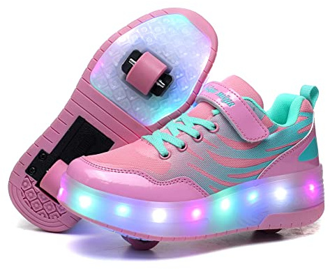 Barnens LED-skor med hjul, USB-laddning, upplysta tränare med hjul, rullskridskor LED flickor rullskor, skridskor för barn utomhus., Rosenröd, 31 EU