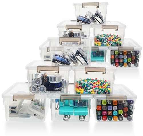 Citylife Juego de 12 pequeñas cajas de almacenamiento de plástico con tapa, 1.25L, Transparente, Apilables, Dormitorio, sala de juegos, Cocina(17.7 x 13 x 8.2 cm)
