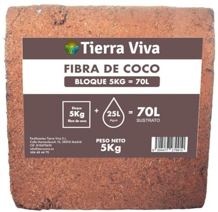 Fibra de Coco Orgánica - Bloque de 5kg 70L - Sustrato ecológico huerto Urbano, semilleros, Grow y vermicomposteras