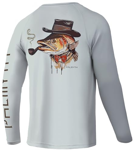Palmyth Fishing Shirts for Men Long Sleeve UPF 50+ T Shirt Sun Protection Tee (Gray/Big Trout, L)