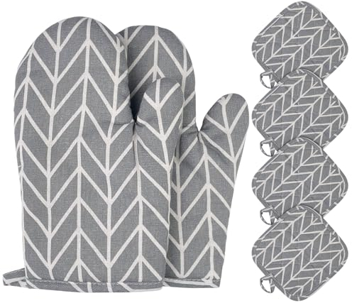 Gustosa Reesephiee Guanti Barbecue e Cucina, Guanti da Cucina 1 Coppia con 4 presine, XXeecazione fino a 220°C Microwave e Forno