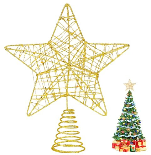 Tenn Well Christmas Tree Topper, Gold Glitter Star Tree Topper for Christmas Decorations (18cm x 22cm)