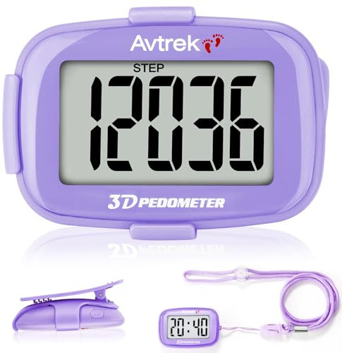 AVTREK Contapassi con clip e cordino, pedometro 3D con display dell'ora e retroilluminazione a LED, semplice contapassi per camminare, correre, uomini e donne anziani (viola)