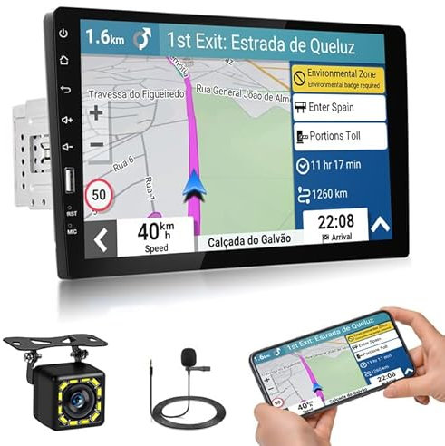 Hikity 1 DIN Autoradio 9'' HD Touchscreen Pantalla Táctil Wired Mirror Link Bluetooth FM/EQ/USB Charging/SWC/Mic/Cámara de Marcha Atrás/Mirror Link