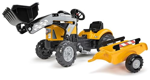 FALK SuperBuilder - Tractoexcavadora de Pedales (2 años, 2035 m), Color Amarillo con Tapa corrediza, Pala Frontal y Remolque