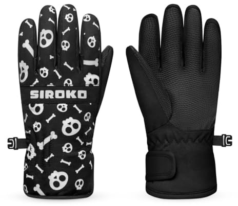 SIROKO - Guantes de Nieve para Niños Skull - 7-8 (128 cm) - Negro/Blanco