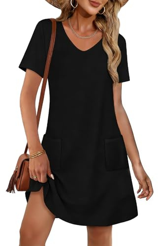 CHICGAL Summer Dresses for Women V Neck Short Sleeve Casual Loose T Shirt Sundress Beach Cover Ups with Pockets(Black, XL)