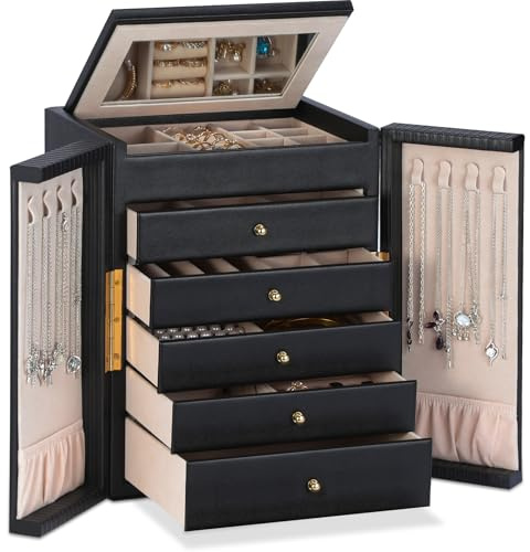 Dajasan Groß Schmuckaufbewahrung, Schmuckkästchen Damen, Schmuckkasten mit 5 Schubladen, Jewelry Organizermit Spiegel für Ringe, Halsketten, Ohrringe, Uhren, Armbänder (Schwarz)