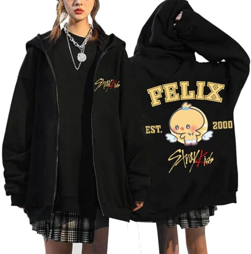 BaeKnyin Uomini Donne Stray-K1ds Felpe con Cerniera Casual Sciolto Sweatshirts con Cappuccio Elegante SKZ KPOP Streetwear Oversize Pullover con Stampa retrò M,Black10-1