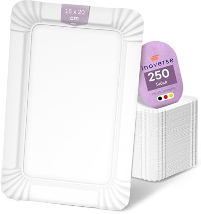 Inoverse 250 Stück Pappteller Weiß – Eckig 16x20 cm – Umweltfreundliche Einweg Teller aus Pappe, Partygeschirr, Kuchenteller, Einweggeschirr