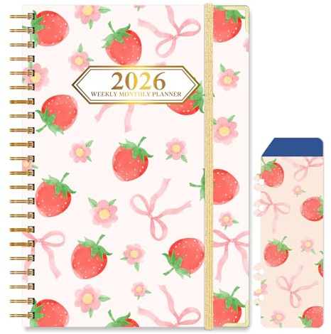 Knagsfa 2026 Monthly Planner, Jan.2026 - Dec.2026 Weekly Monthly Planner 6.25x8.5 with Page Tabs, Calendar Hardcover with Inner Pocket, Elastic Band, Twin-Wire Binding, Bookmark, Bow Strawberry