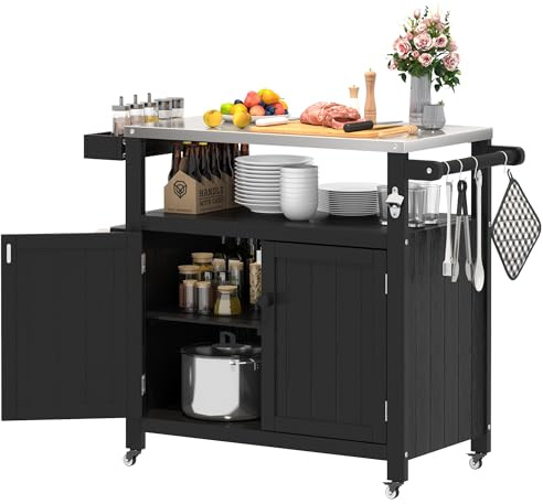 AeasyG Wetterfeste HIPS Outdoor Kücheninsel mit Edelstahlplatte & Aufbewahrungsschrank, bewegliche Vorbereitungstisch mit Rädern für BBQ-Zubereitung, Outdoor Grillwagen für Parties, Schwarz