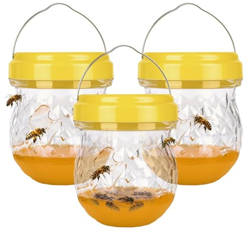 3 Piezas Trampas para Avispas Exteriores,Atrapa Avispas Exterior Efecto de 360 Grados, diámetro de 9 x 12 cm,Wasp Trap para Jardín, Balcón y Camping, Sin Productos Químicos