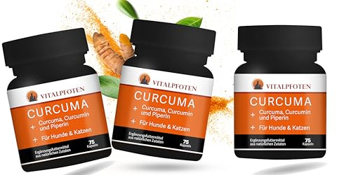 Vitalpfoten 3x75 Kapseln Curcuma für Hunde und Katzen Ergänzungsmittel mit Curcumin und Piperin, verträgliche Dosierung, Herstellung in Deutschland, höchste Reinheit und Qualität