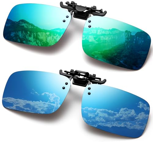 FRAZALA Polarized Clip-on Sunglasses Anti-Glare Driving Glasses for Prescription Glasses (Green + Blue)