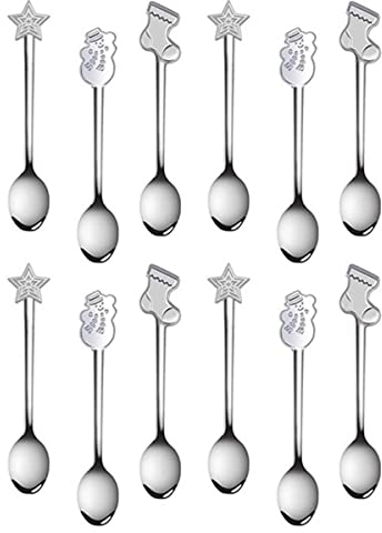 Fantasyon 12 Pcs Stainless Steel Christmas Spoon, Creative Fashion Tableware Spoons Set Christmas Style Coffee Tea Dessert Drink Mixing Spoon for Christmas Stocking Fillers Party and Kitchen