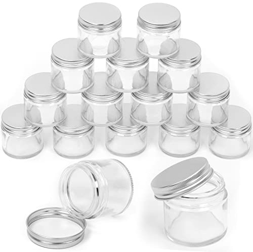 Swpeet 15 Packs 2 oz - 60ML Transparent Glass Jar with Silver Lid Assortment Kit, Round Containers Cosmetic Glass Jars with Lids Travel Jars Cosmetic Containers for Cream, Lotion