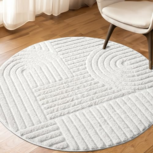 payé Teppich Rund - 160x160cm - Hochflor - Boho - Pastell Creme Grau - Einfarbig - Modern Geometrische Muster- Skandinavisch Flauschig Weich - Schlafzimmer Dekoration