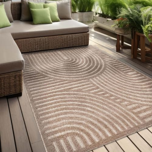 Taracarpet In & Outdoor Teppich Barcelona Wetterfest Balkon Boho Wohnzimmer Küche Skandinavisch Muster Einfarbig 3D Effekt Modern beige Kreise Welle 160x220 cm