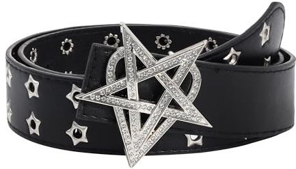 JJDreams Damen Gürtel Schwarz Mit Strass-Pentagramm - Gothic Punk PU Ledergürtel Y2k Vintage für Kleid Mantel