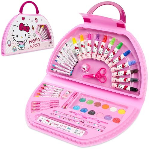 Hello Kitty Mal Set, Buntstifte für Kinder, Malkoffer Mädchen im Reisekoffer – Geschenke für Mädchen (Weiß/Rosa)