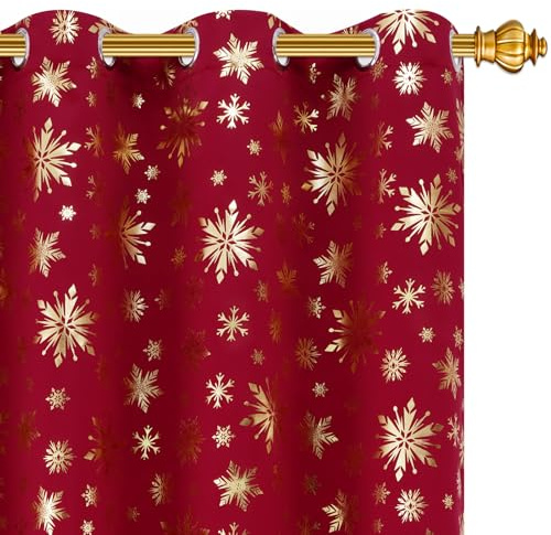 FRAMICS Christmas Curtains for Living Room and Bedroom - Gold Snowflake Foil Print, Blackout, Red, 84 Inch Length, 2 Panels Set, Grommet Window Curtains for Winter