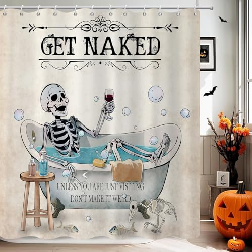 GCIREC Duschvorhang, 180x200cm, Halloween Gothic Lustiges Totenkopf Skelett in der Badewanne Wasserdichter Stoff Maschinenwaschbarer Badezimmervorhang mit Haken