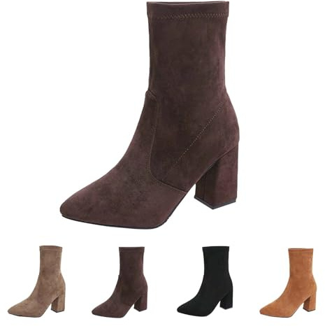 UK 5 Block Heeled Ankle Boots for Women Suede Pointed Toe Pull on Ladies Ankle Boot Fall Winter Faux Suede Rouched Shoes Footwear Coffee